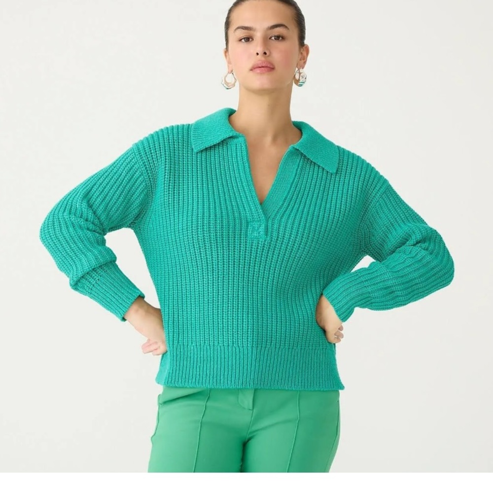 J. Crew Bright Teal Ribbed V-Neck Polo Sweater